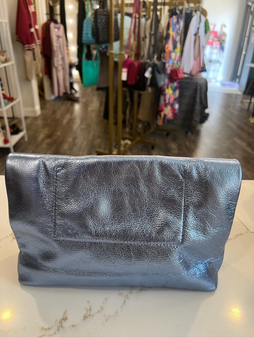 Metallic Slate metallic Blue Roll-Top paper bag Clutch